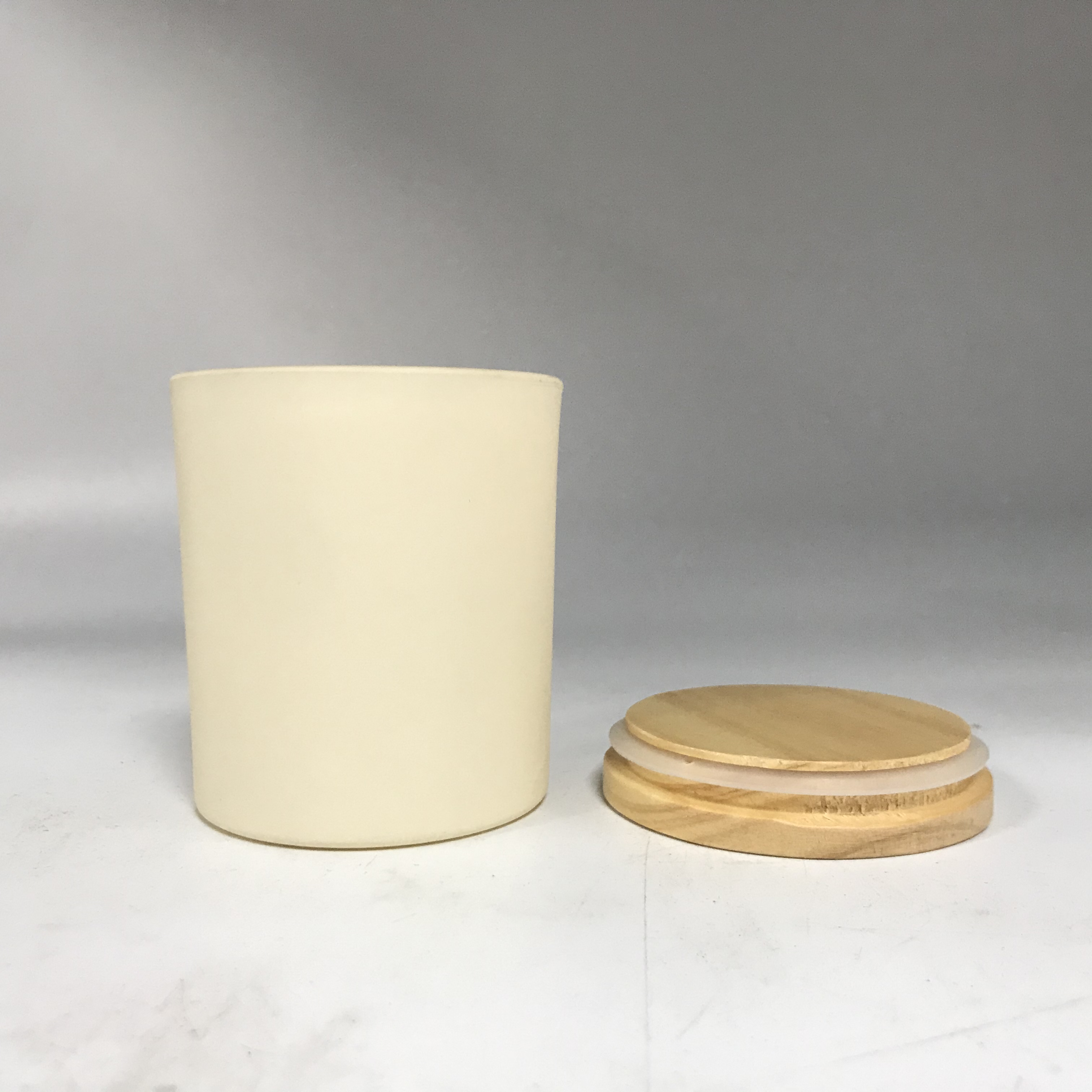 off-white glass candle jars with wood lid