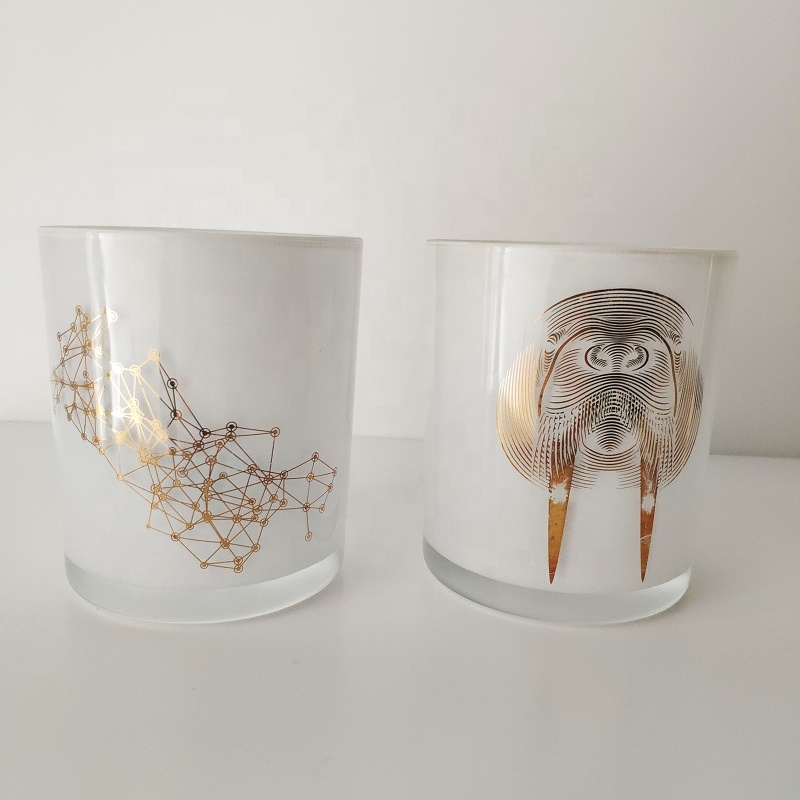 white glass candle vessels with gold decal, 12 oz cylinder candle containers