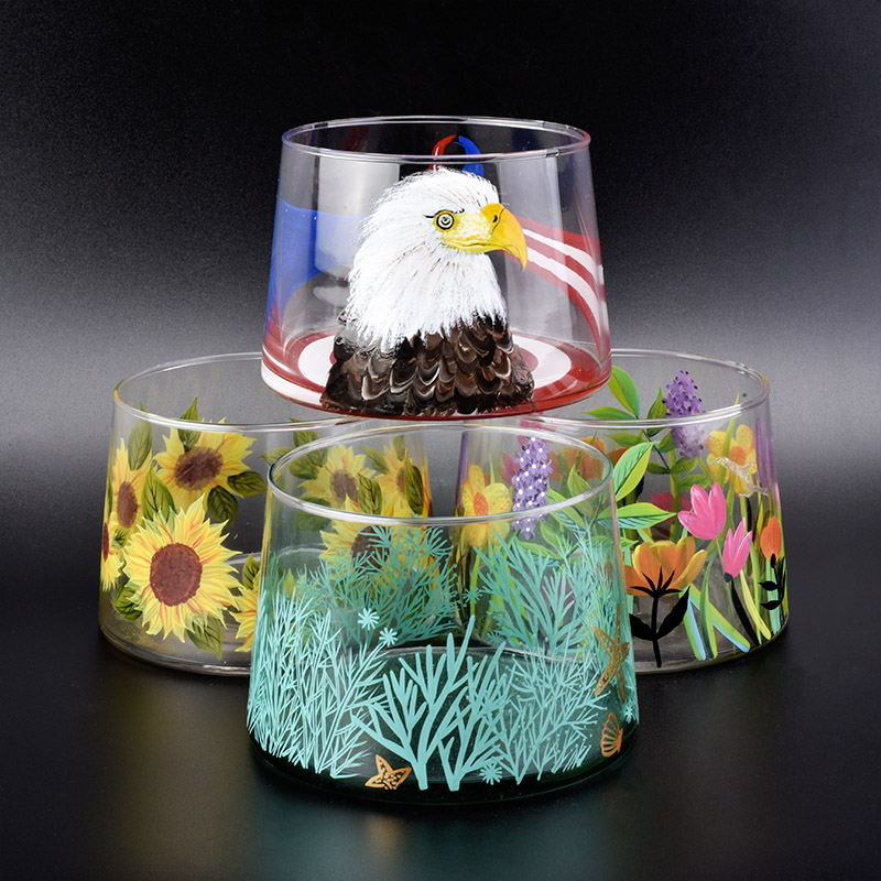 clear glass candle vessel with flower patterns, bell shaped glass jar with hand painting