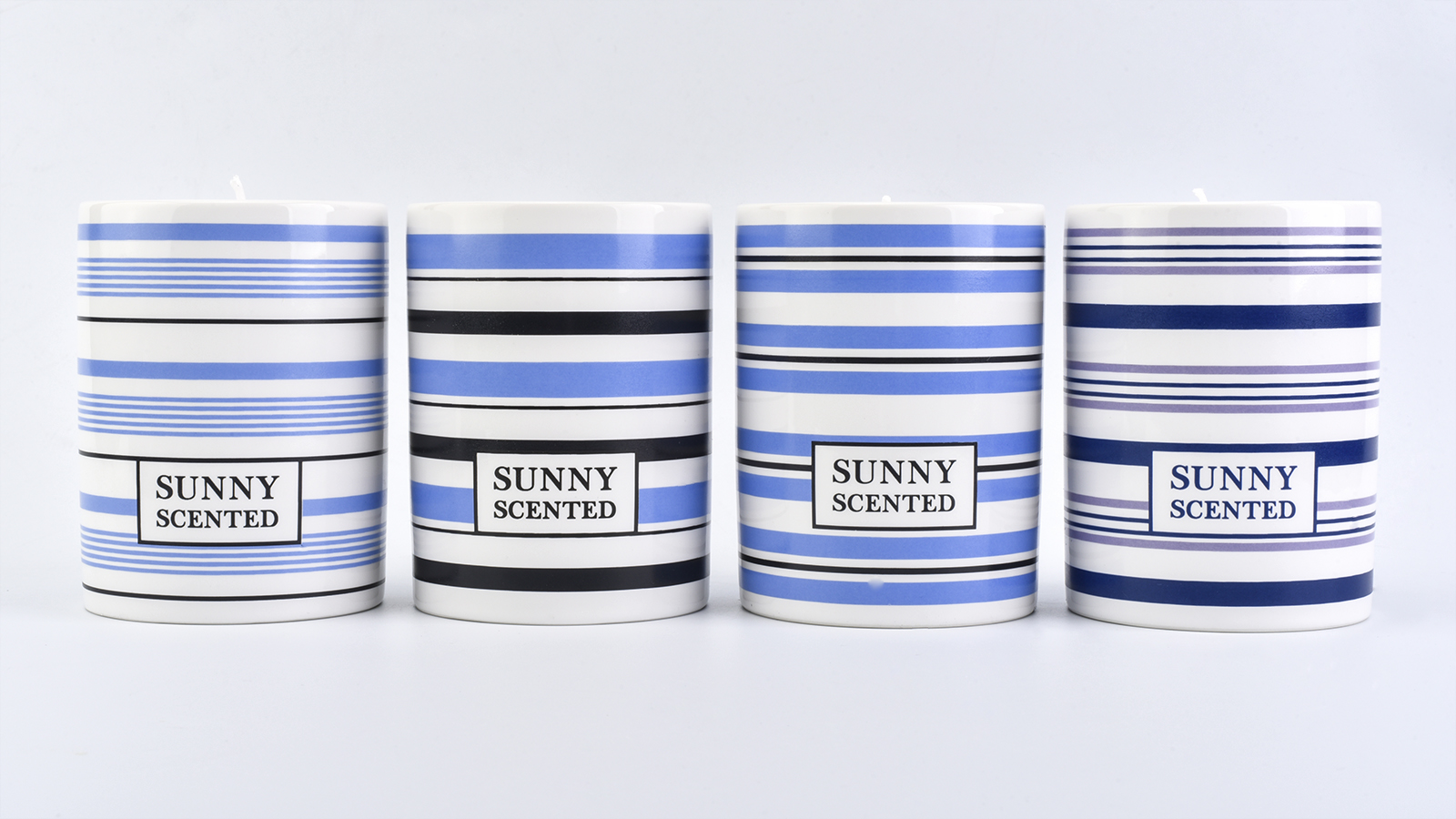 blue and white lines ceramic candle vessel, simple ceramic candle holder