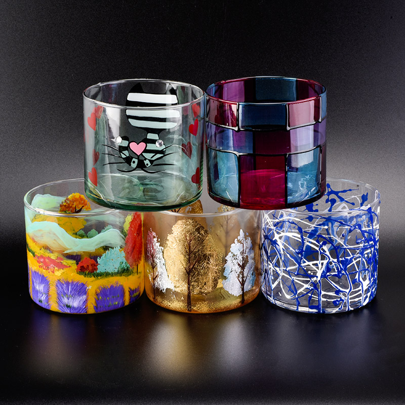 Cylinder glass vessel with colorful painting, fancy glass candle container