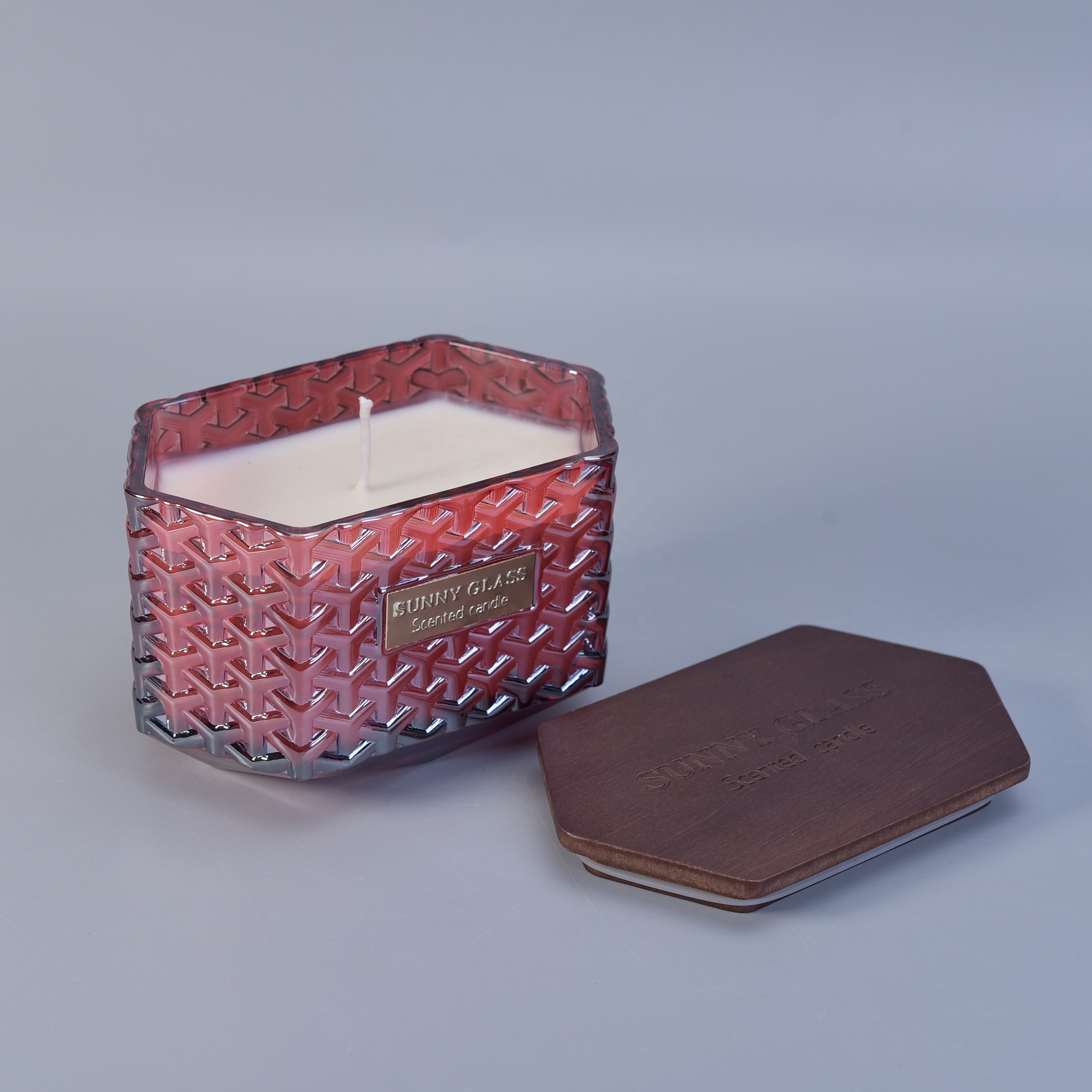 Suppliers Hexagon scented candle glass holders with wood lid
