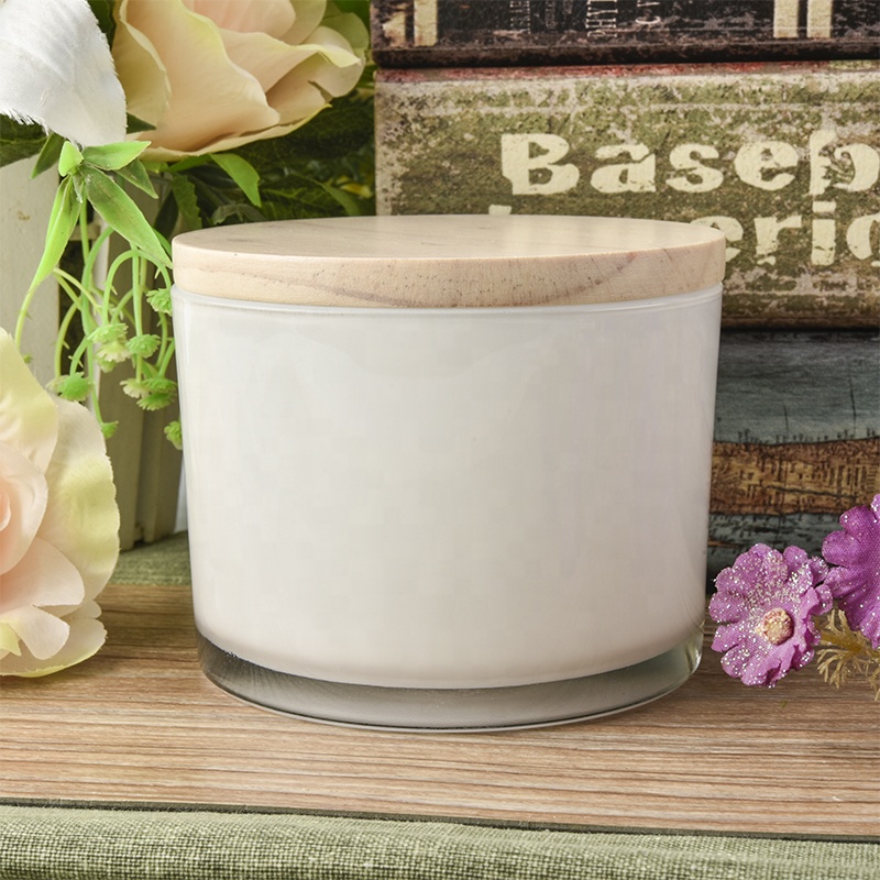 wide month glass candle holder, white glass candle vessel with wooden lid