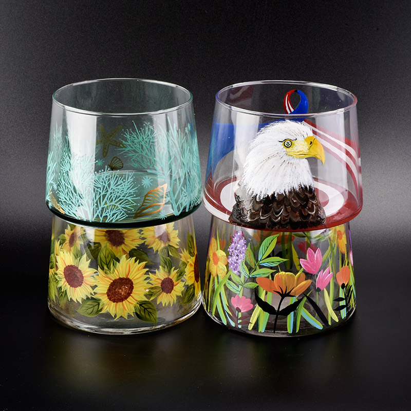 clear glass candle vessel with flower patterns, bell shaped glass jar with hand painting