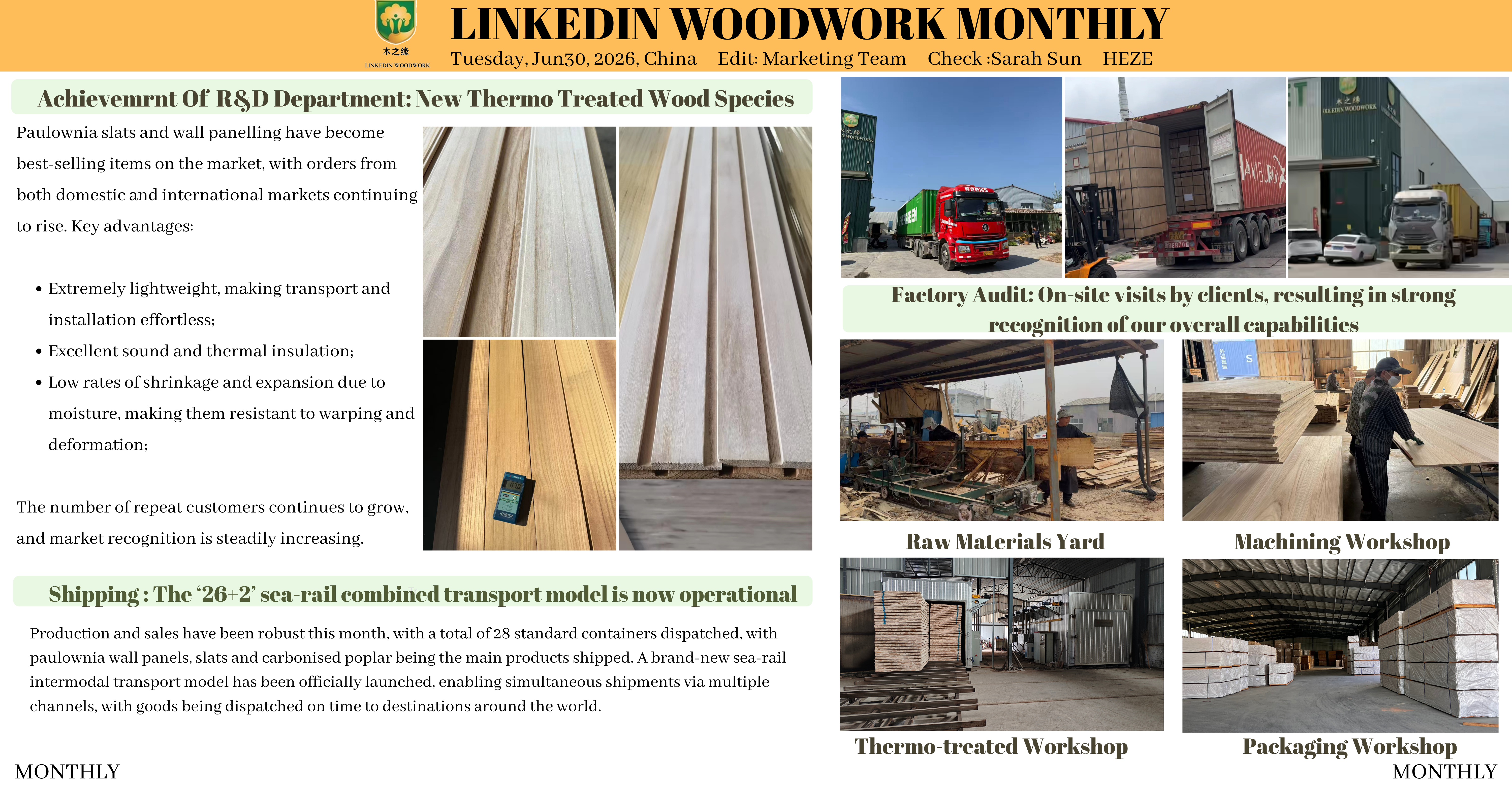 Linkedin Woodwork 2026 թվականի հունիս ամսական հաշվետվություն. աճող վաճառքներ, նոր ծովային երկաթուղային լոգիստիկա և Paulownia արտադրանքի համաշխարհային առաջընթաց Linkedin Woodwork 2026 թվականի հունիս ամսական հաշվետվություն. աճող վաճառքներ, նոր ծովային երկաթուղային լոգիստիկա և Paulownia արտադրանքի համաշխարհային առաջընթաց