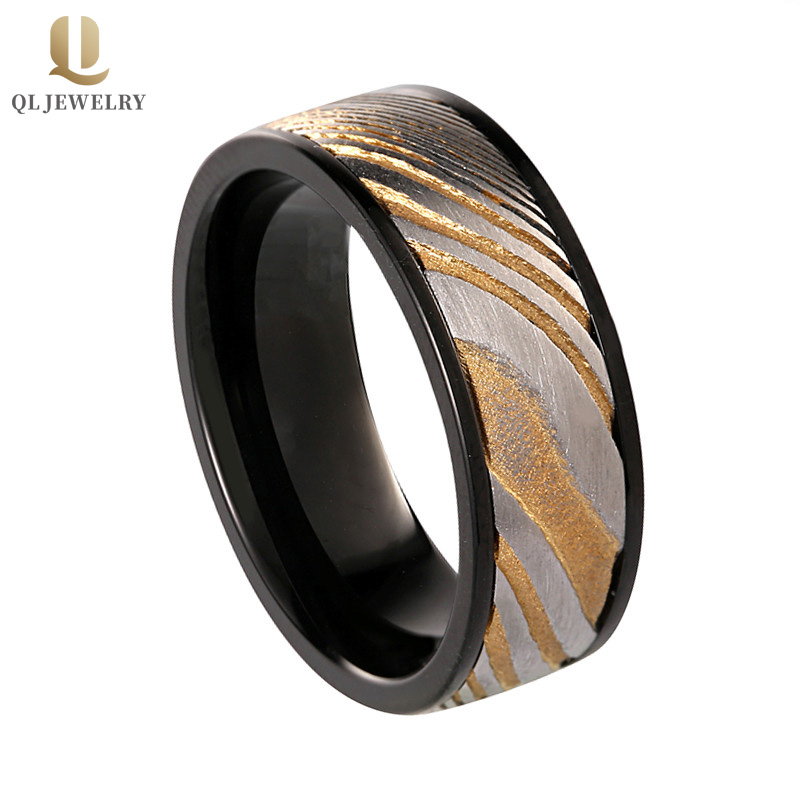 Amazing 8mm Black Tungsteno e Gold Damasco Steel Banda di nozze per uomo Porcellana fornitore