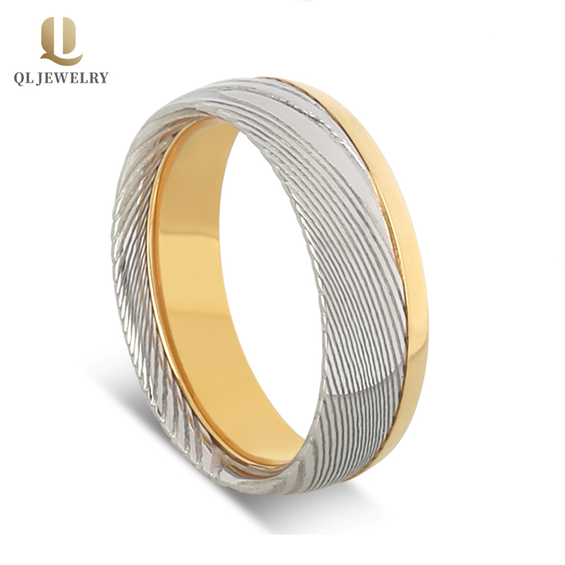 Hotsale Mens Wedding Band 8mm Gold Tungsten and Damascus Steel Ring China Manufacturer