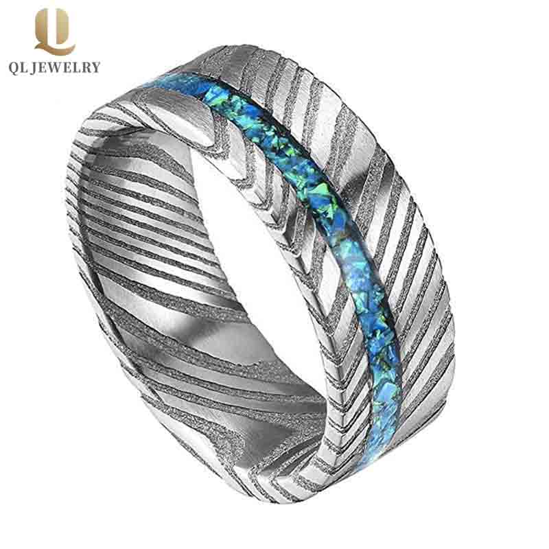 Neueste Style 8mm Männer Hochzeit Band Damaskus Stahlring mit Opal Inlay