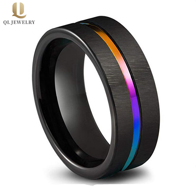 Cheap Price 8MM Satin Brushed Two Toned Wedding Bands Black and Rainbow Tungsten Carbide Ring China Manufacturer