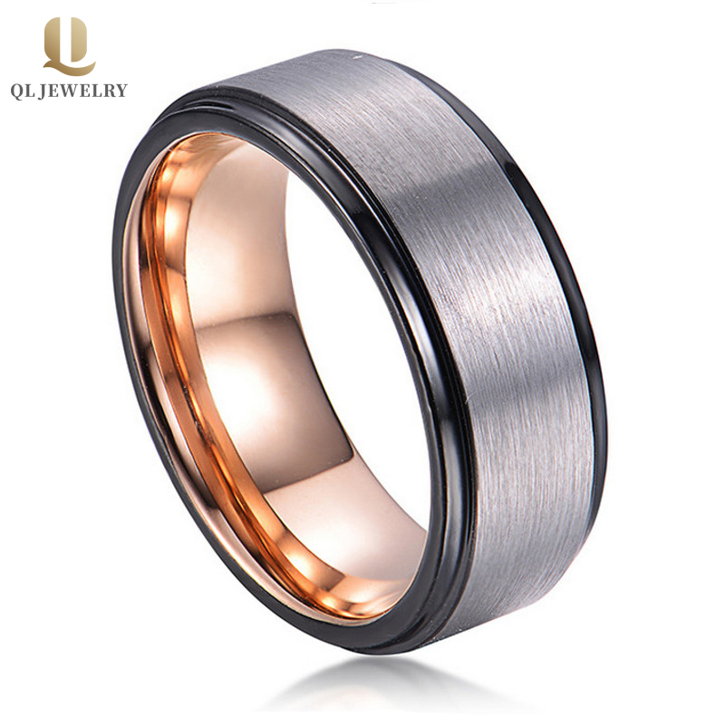 Popolare 8 mm a cupola e passo con pennelli in raso anello in carburo di tungsteno a due tungsteni per uomo nero e rosa oro anello in carburo di tungsteno Cina fornitore