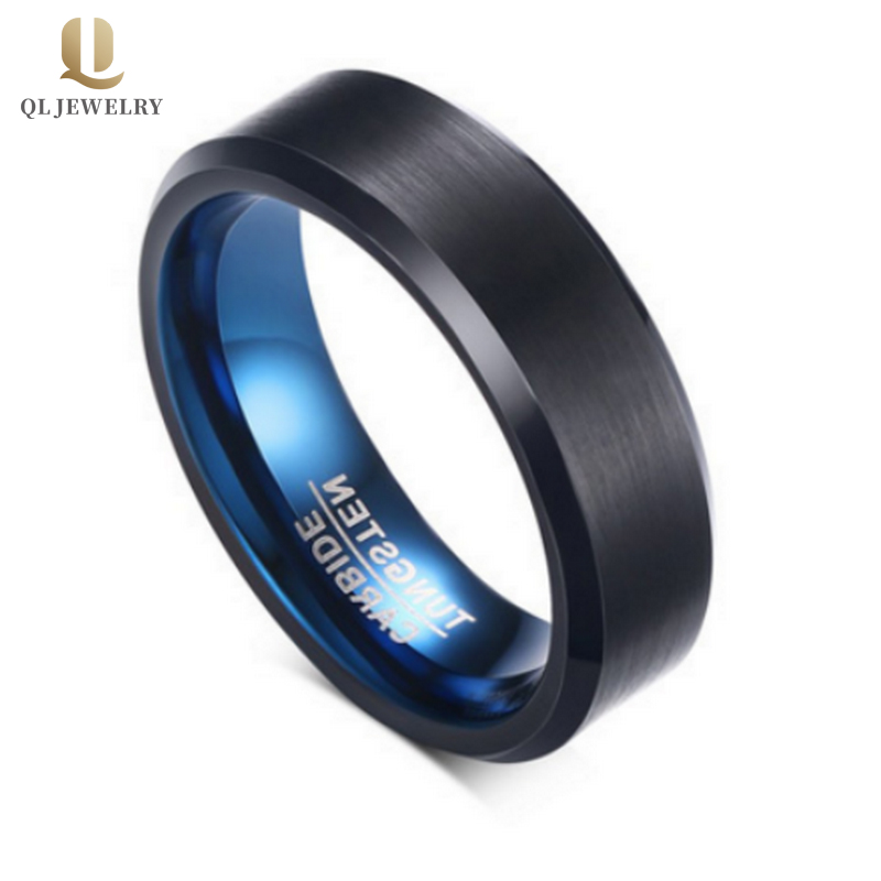 Popular 6mm flat and beveled edges satin brushed  two toned tungsten carbide ring for men black and blue tungsten carbide ring China Supplier