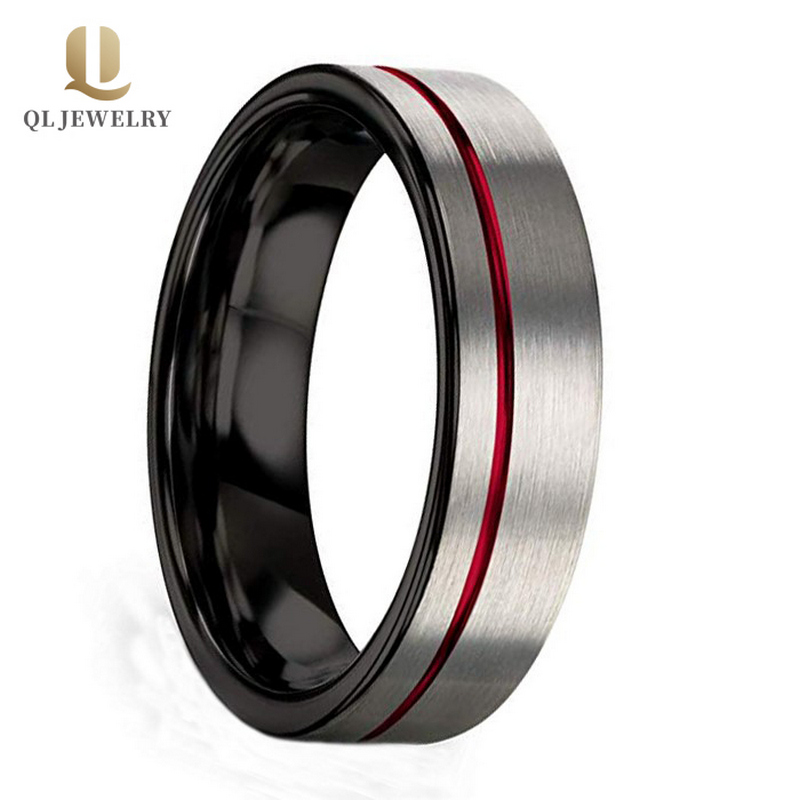 Hohe Qualität 6mm Silber Satin gebürstet Black Wolfram Ehering mit 1mm rotem Kanal an der Seite China Lieferant