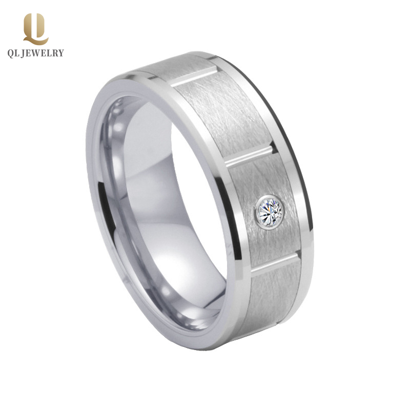 Popolari bordi piatti e smussati da uomo da 8 mm fili spazzolato e scanalato band di nozze di tungsteno con la Pietra CCIA bianca Cina fornitore