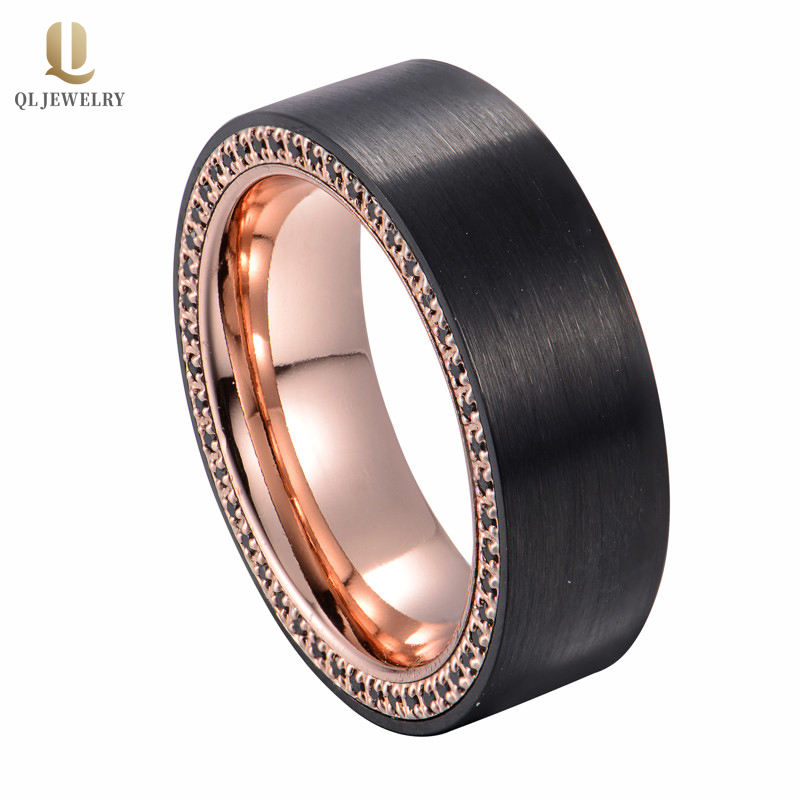 Newest Style Two Toned Men\'s Tungsten Wedding Band Black and Rose Gold Tungsten Carbide Ring with a Circle of Black CZ Stones on the Sides 