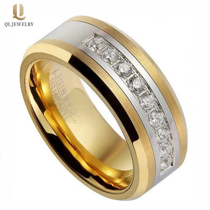 HOTSALE 8MM MÄNNER EUDE BANDS Wohnung und abgeschrägte Kanten Gold Wolfram Ring mit 9 CZ Stones China Hersteller