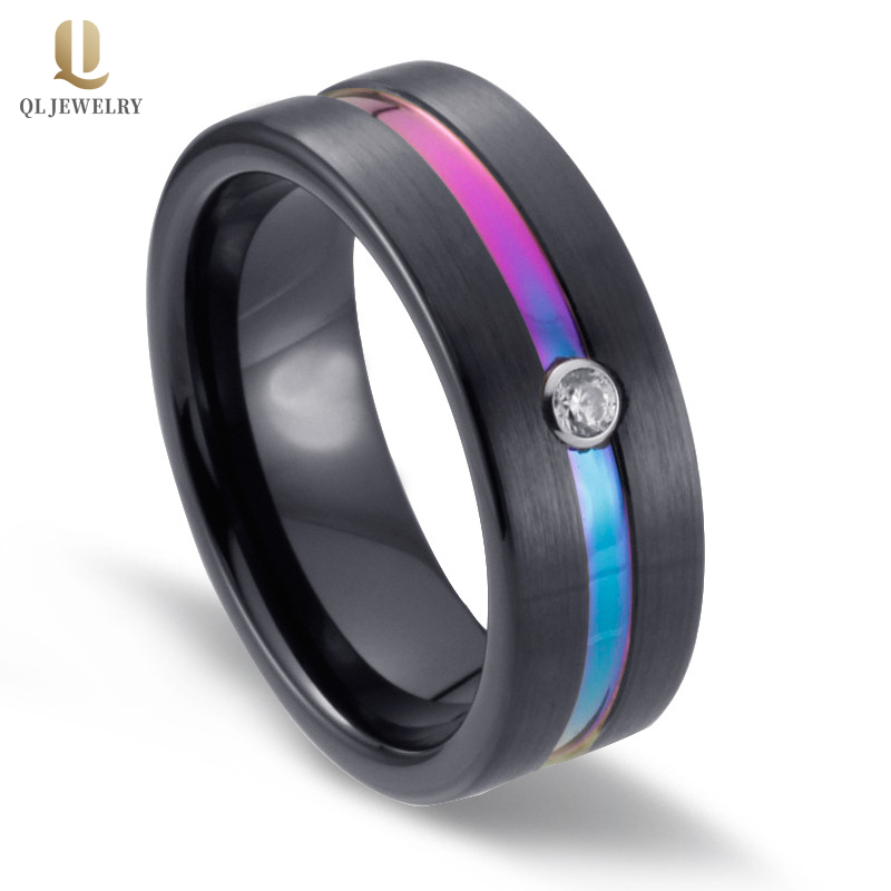 Bandes de mariage de haute qualité pour hommes de 8 mm deux tonnes noires et arc-en-ciel Bague en carbure de tungstène avec 1 blanc CZ China Factory