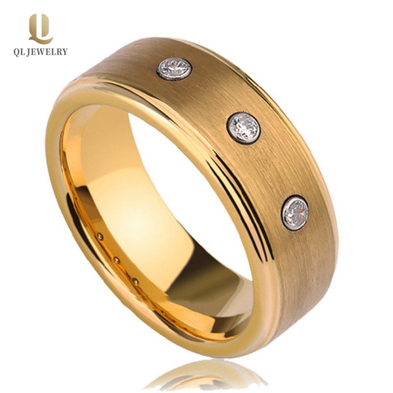 Hohe Qualität 8mm Männer Hochzeitsbänder Wohnung und Stiefkanten Gold Wolfram Ring mit 3 CZ Stones China Lieferant