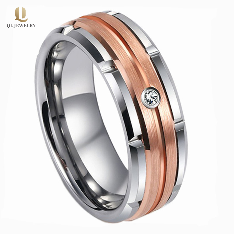 Amazing Men\'s Wedding Band Flat and Beveled Edges Grooved Silver and Rose Gold Tungsten Carbide Ring with 1 White CZ China Supplier 