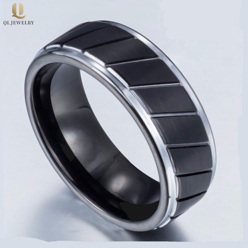 Popular Mens Black Tungsten Ring 8mm Step Edges Black Tungsten Tire Ring for Men China Manufacturer