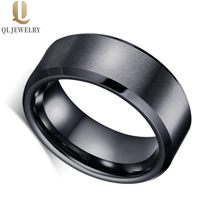 China Factory and Manufacturer selling 8mm Flat and Brushed Black Tungsten carbide ring with Bevel Edges for Men Cool finger ring tungsten rings