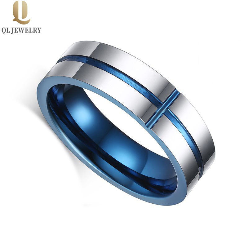 China Fabrik Großhandel 6mm flache hochglanzpolierte blaue und silberne zweifarbige blaue Beschichtung auf Innenseite und Kreuznut Wolframkarbidring