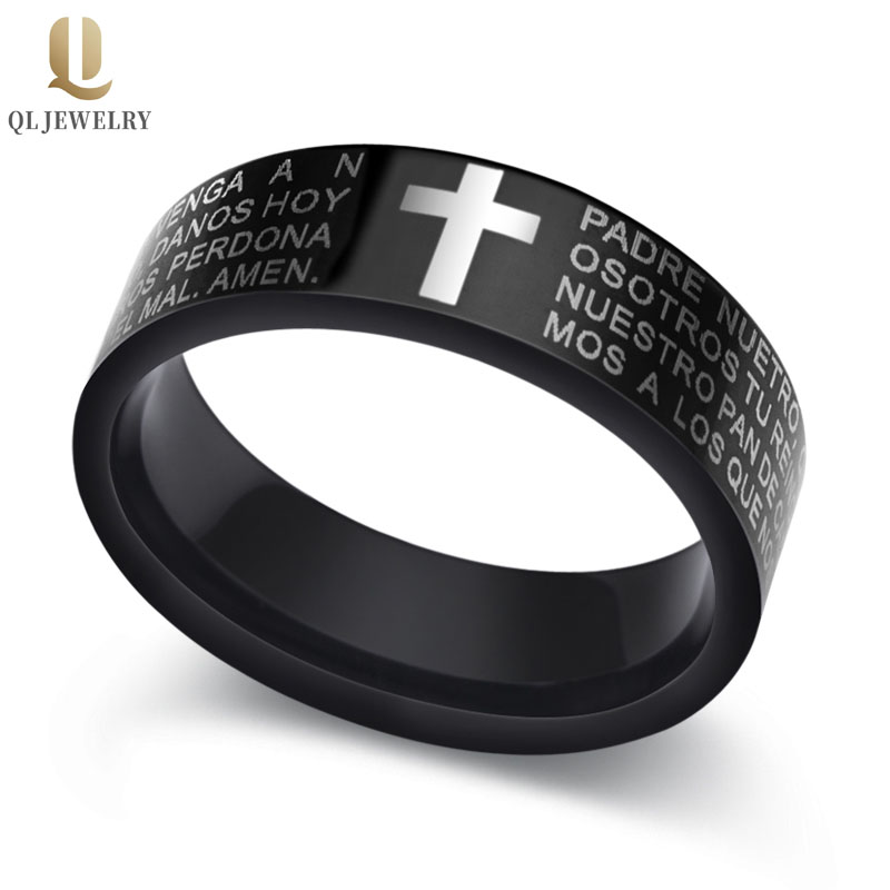 Hot selling  cross engraved 8mm Plain High polish Black Tungsten carbide ring  lords prayer finger ring tungsten carbide bands China Factory and Manufacturer