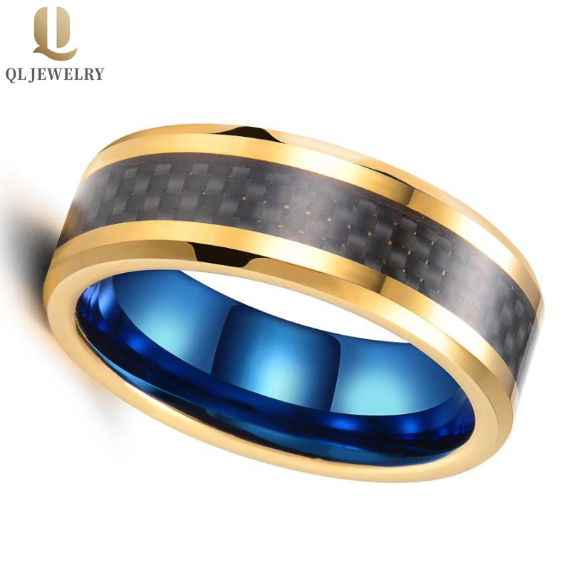 Amazing Comfort Fit Two Toned Gold and Blue Groove Tungsten Carbide Wedding Bands with Black Carbon Fiber inlay