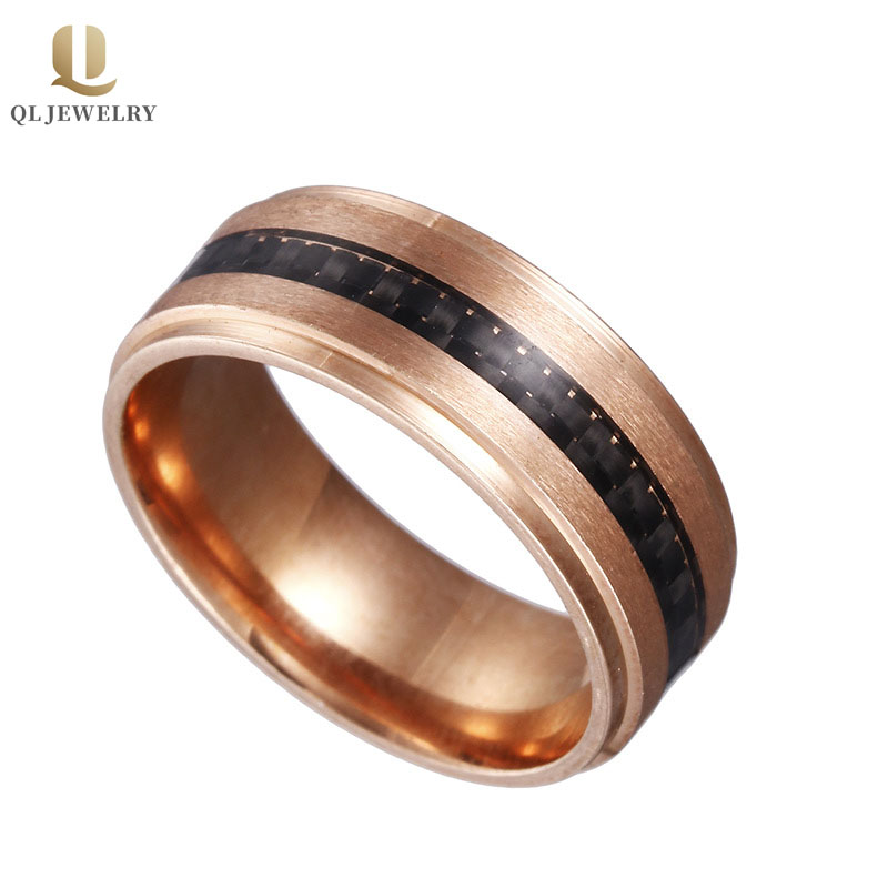 Bague en fibre de carbone de la rose de 8mm pour hommes Bagues de mariage pour hommes combinés Confort Fit Bague en fibre de carbone noir