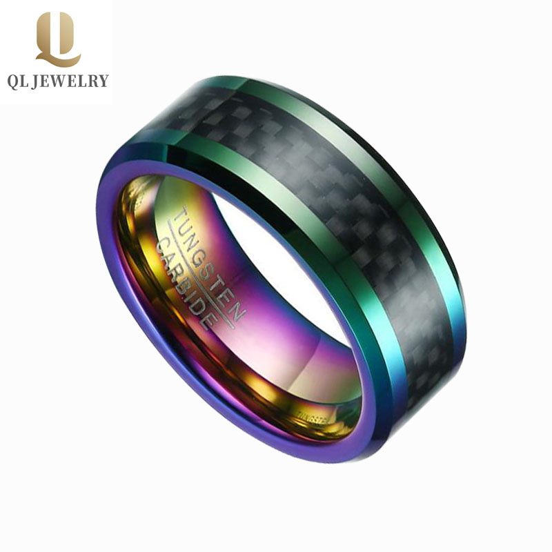 8mm Männer Bunter Regenbogen Wolfram-Kohlefaser-Ring Herren Hochzeitsbänder Kombinierter Komfort Fit Schwarzer Kohlefaserring