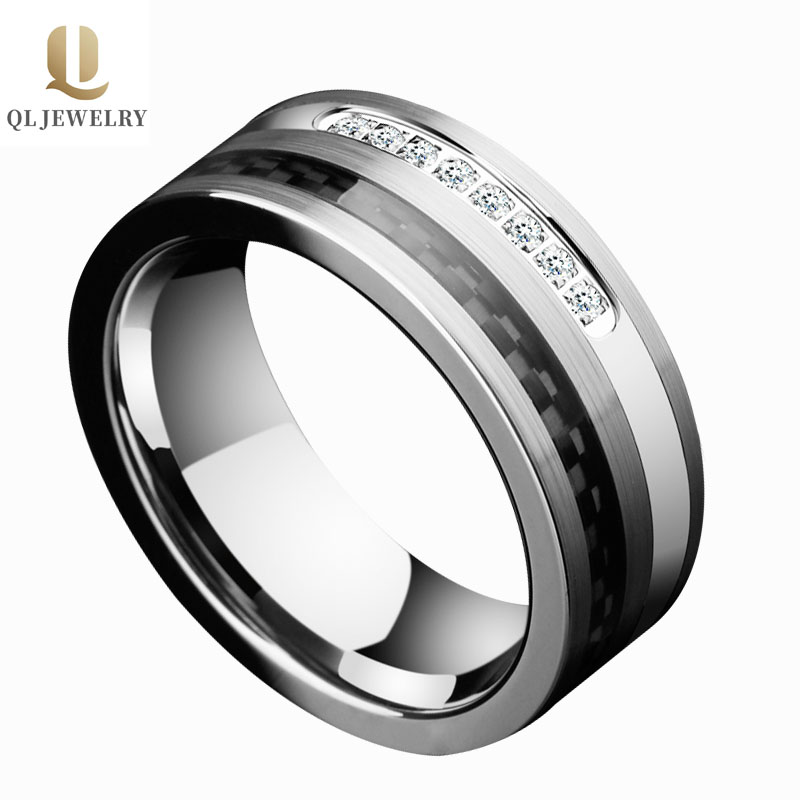 Amazing New Comfort Fit Carbon Fiber Tungsten Carbide Wedding Bands with Shiny CZ inlay