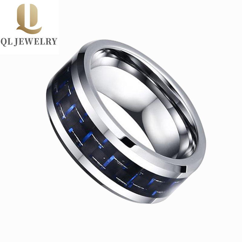 Hot sales 8mm 6mm Tungsten Carbide Ring with Blue and Black Carbon Fiber inlay China Tungsten Ring manufacturer supplier