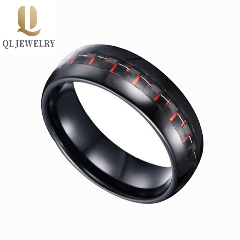 Hot sales 8mm 6mm Black Tungsten Carbide Ring with Red and Black Carbon Fiber inlay China Tungsten Ring manufacturer supplier