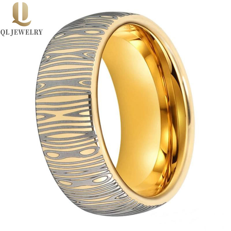 Neueste Stil Herren Wolfram-Hochzeit Band Gelbgold Wolfram-Hartmetallring mit Damaskus-Muster-Gravur fertig