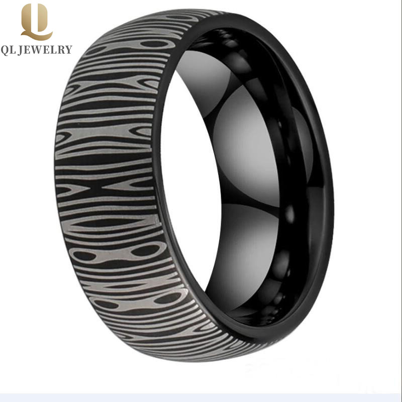 Bague de carbure de tungstène brossé de 8mm à chaud de 8 mm avec gravure de motif de Damas