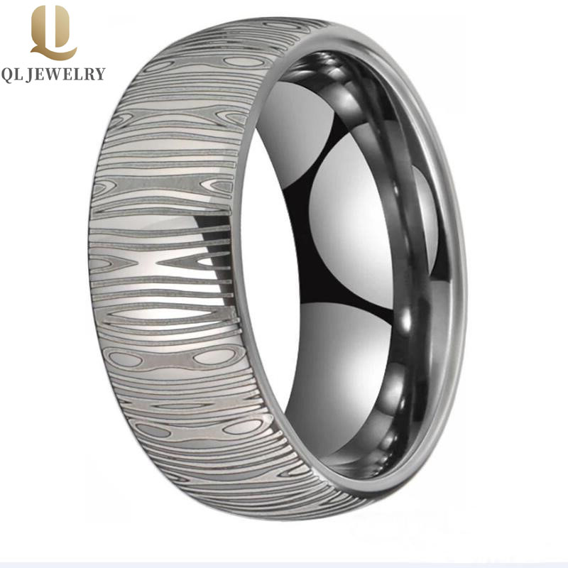 Bague de carbure de tungstène de tungstène de tungstène pour hommes avec gravure de modèle Damas