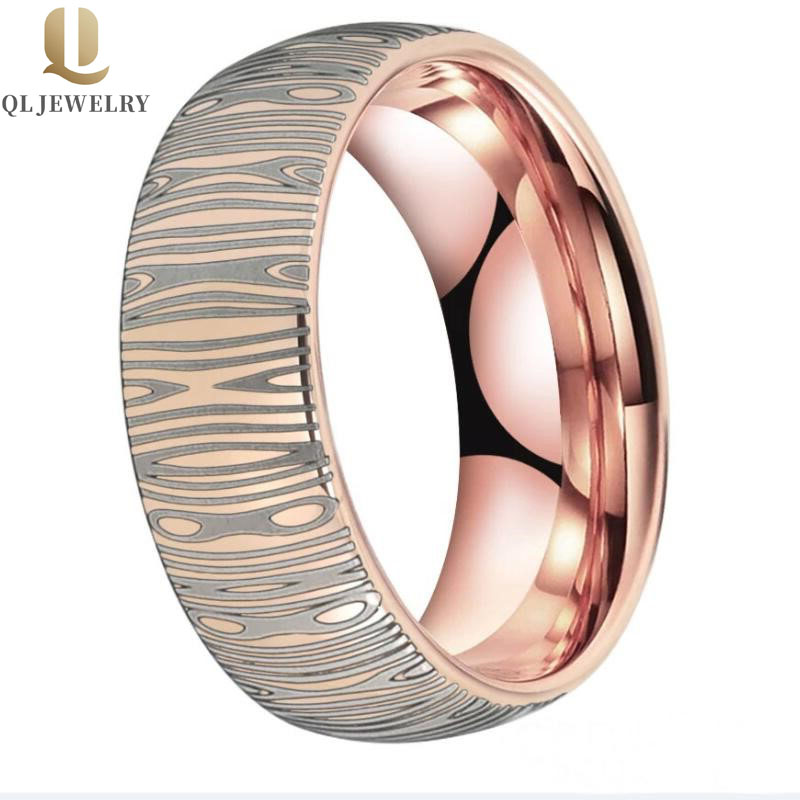 Neueste Stil Herren Wolfram Ehering Band Rose Gold Wolfram Carbide Ring mit Damaskus Muster Gravur fertig