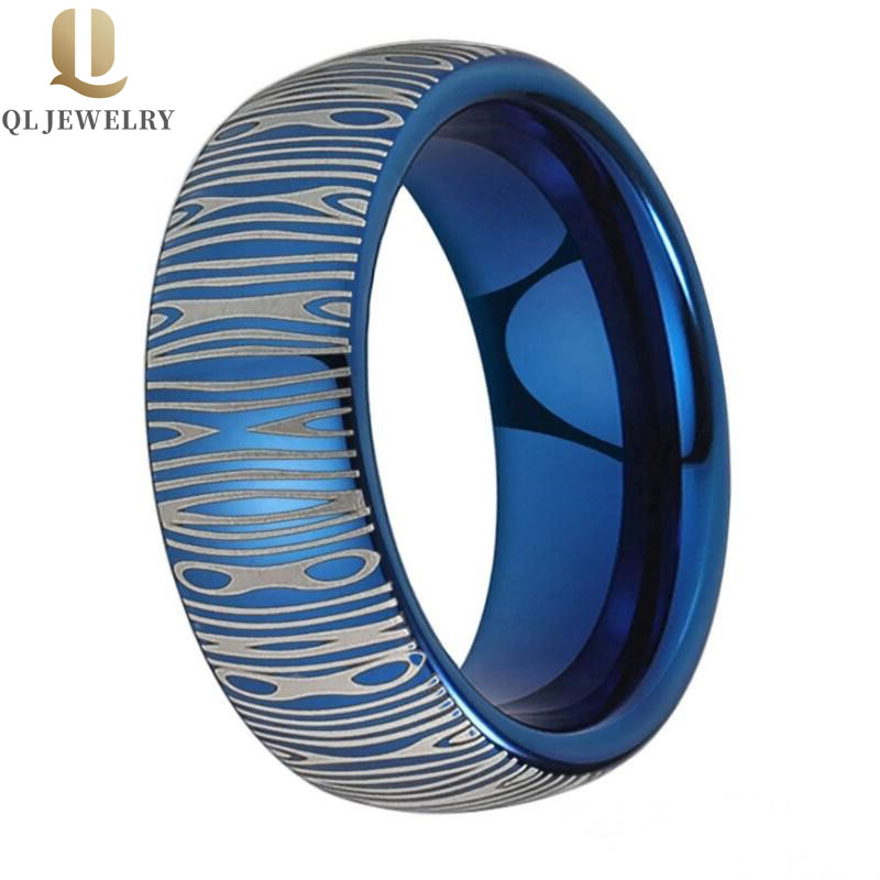 Bague de mariage en tungstène de style personnalisé Bague en carbure de tungstène bleu avec gravure de modèle Damas