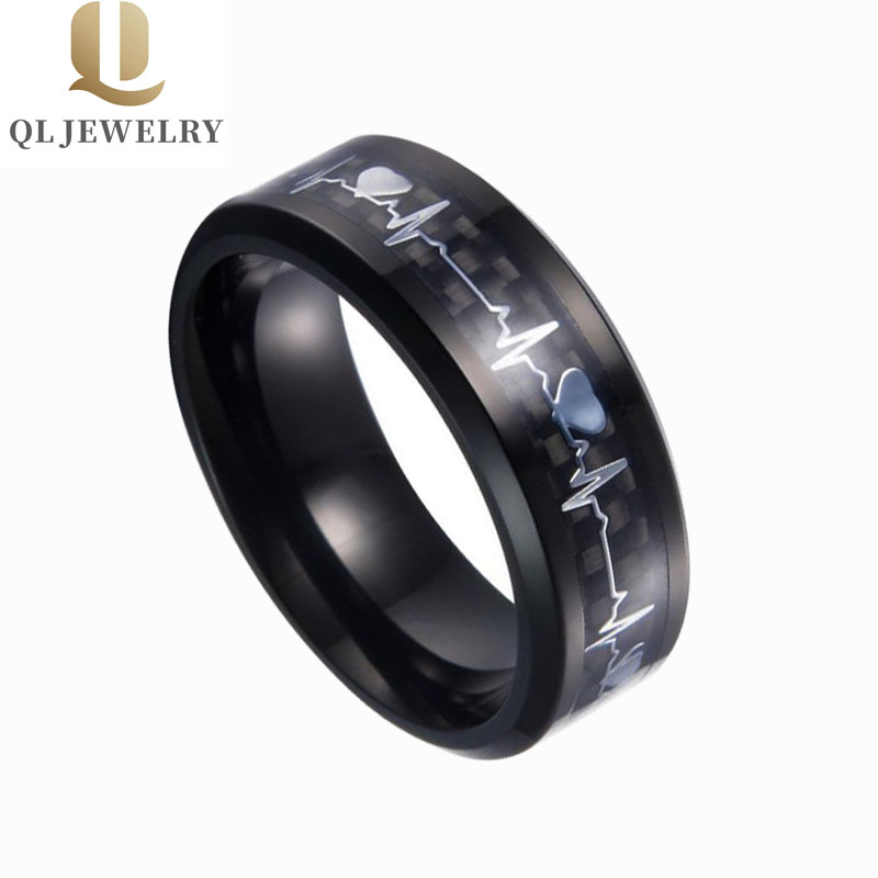 NEW hot sales Black Tungsten Carbide Ring with Bevel edges black carbon fiber and silver heart beat inlay Low Prices China Tungsten Ring manufacturer