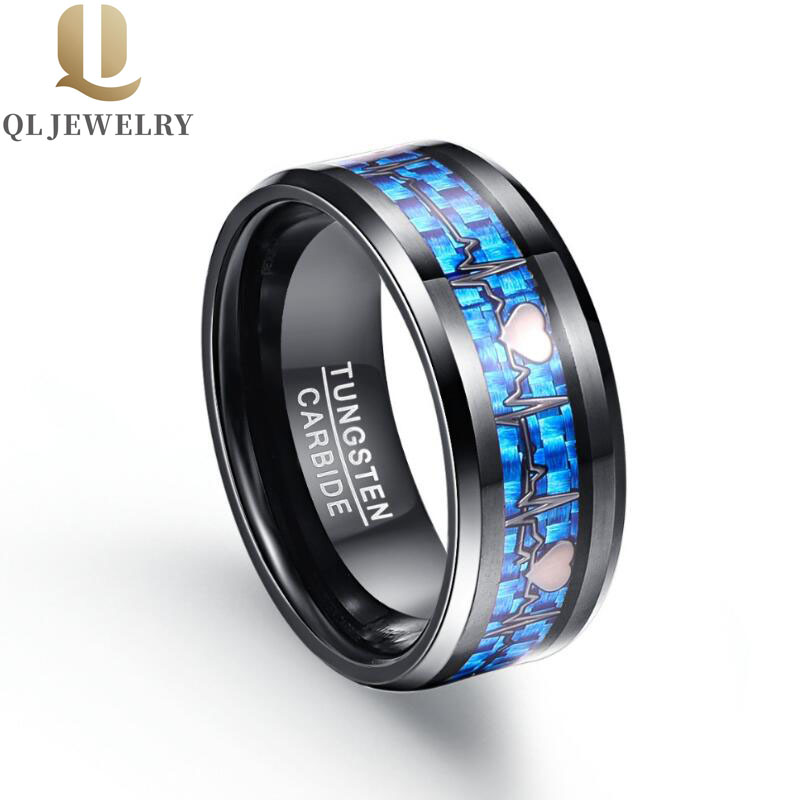 Neue heiße Verkäufe 8mm Männer Herzschlag Schwarz Wolframkarbid Ring Blaue Kohlefaser und Schwarzer Heartbeat Inlay China Lieferant
