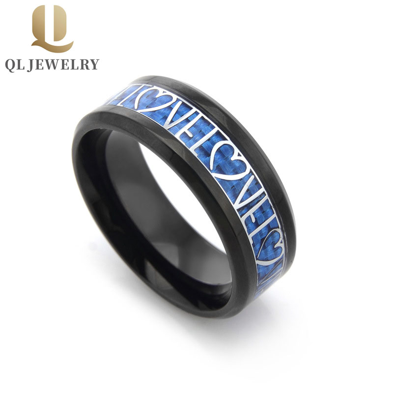 Neue heiße Verkäufe 8mm Liebhaber Herz Schwarz Wolframkarbid Ring Blaue Kohlefaser und Silber Liebe und Herz Inlay China Wolfram Ring Lieferant