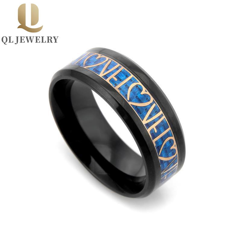 Neue heiße Verkäufe 8mm Paar Wolfram Ring Schwarz Wolframkarbid Ring Blaue Kohlefaser und Rose Gold Liebe und Herz Inlay China Wolfram Ring Lieferant