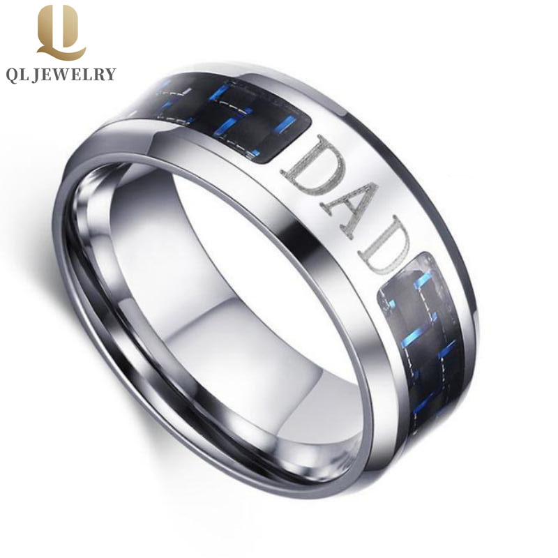 Dad Tungsten Ring Gift Tungsten Carbide Ring Blue and Black Carbon Fiber inlay with Custom Engraving Fathers Day Gift China Tungsten Ring supplier