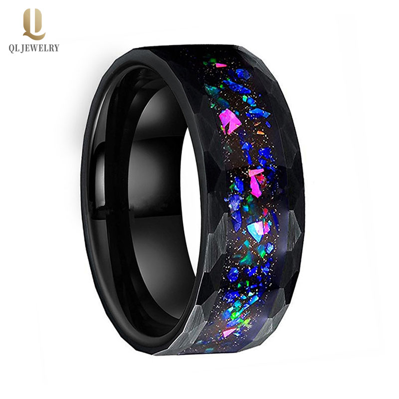 8mm Wide Brushed and Faceted Black Tungsten Carbide Ring with colorful opal inlay China Tungsten Ring manufacturer Factory