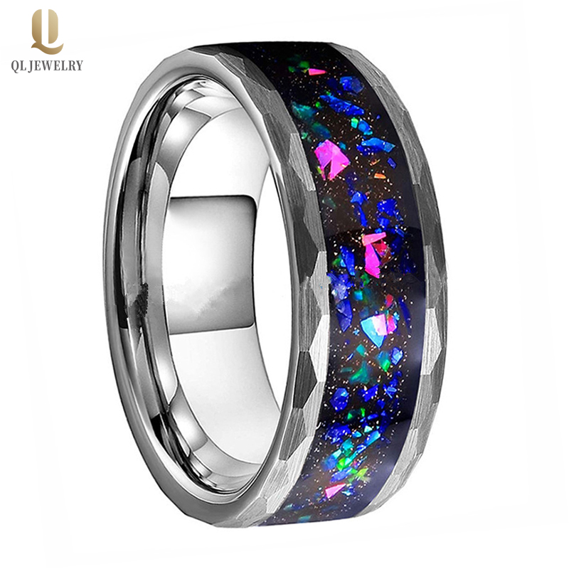 Neue Herren 8mm breit gebürstet facettierter Wolframkarbidring mit buntem Opal Inlay China Wolfram Ring Hersteller Fabrik