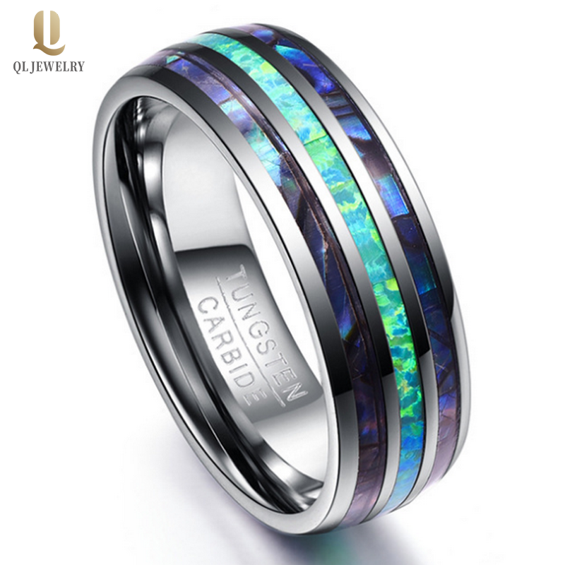 Beliebteste 8mm hoch polierte gewölbte Opal und Shell Inlay Black Wolfram Ehering Opal Wolfram Ring Shell Wolfram Ring China Fabrik