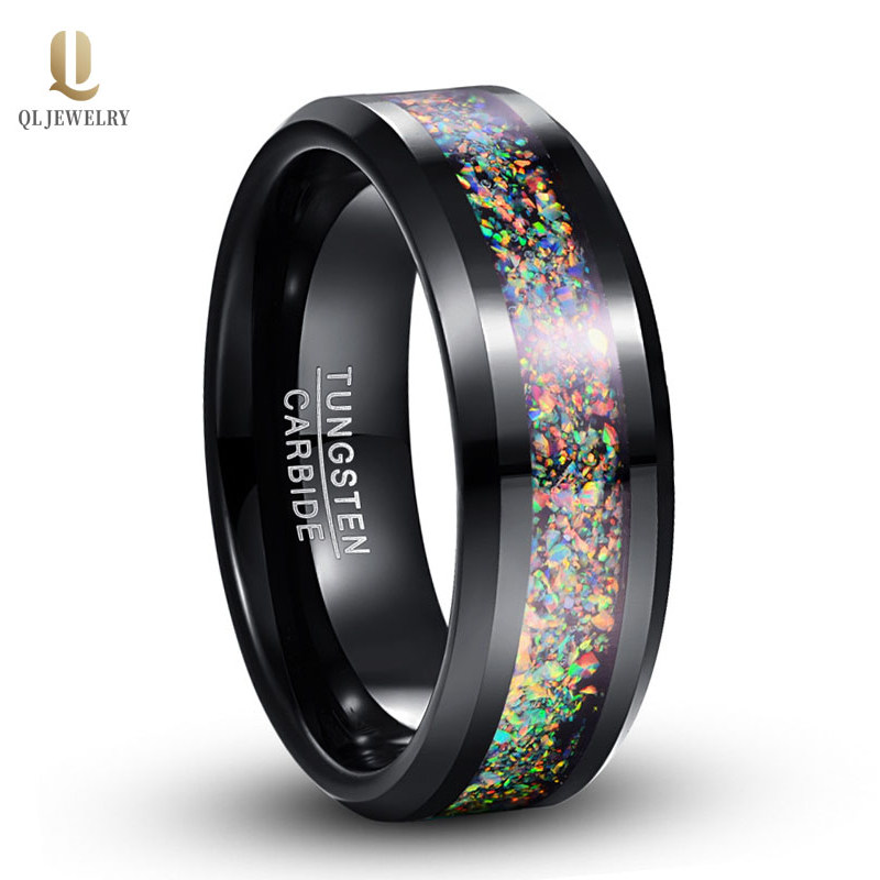 Erstaunliche 8mm hochglanzpolierte kräuselte kanten massiv opal inlay schwarz wolframs edler band opal schwarz wolframkarbid ring china fabrik