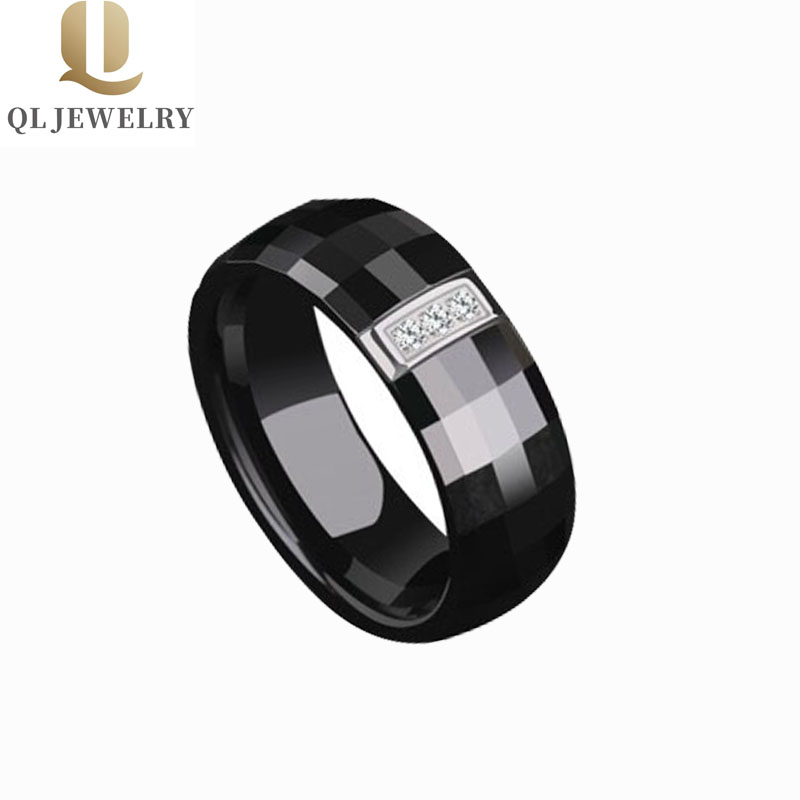 Bague en céramique noire de 8mm à facettes Haute polis et CZ Inlay Bands de mariée en céramique Fashion Plaine Céramique Bague Fabricant