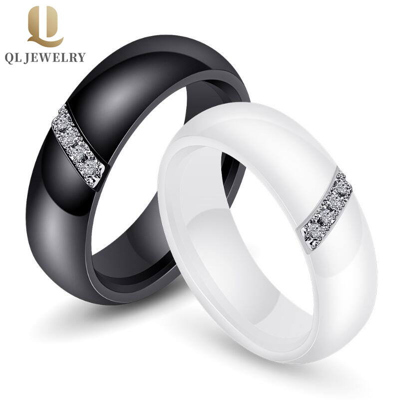 Glänzende CZ Inlay Schwarz / Weiß Keramikring Hohe polierte Keramik-Hochzeitsbänder Mode Keramikring China Hersteller