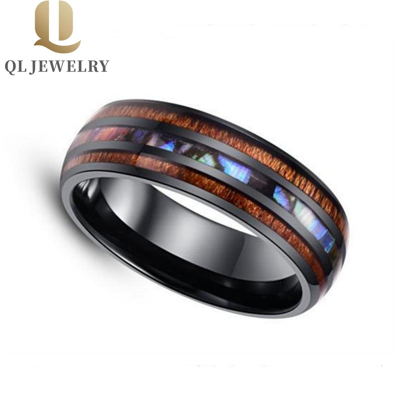 Schwarzer keramischer ring hoch poliert mit koa holz und abalone shell inlay keramik eduland band mode wölbte keramik ring china hersteller