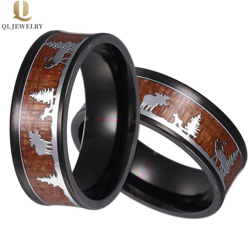 Benutzerdefinierte schwarze keramikring hochpoliert koa holz- und wald tier keramik hochzeit bands mode einfache keramik ring China hersteller